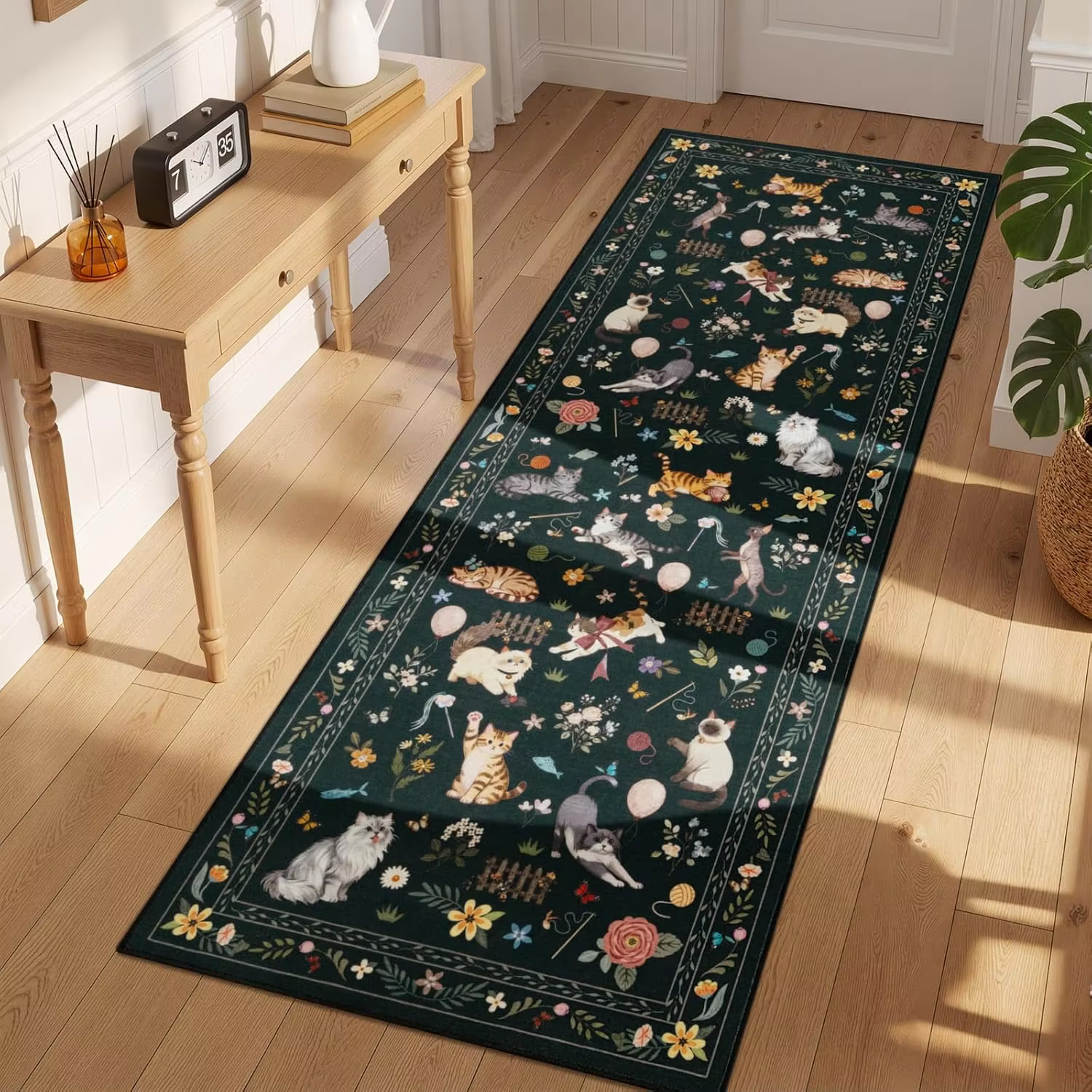 Tapis de couloir vintage vert foncé à motif botanique de chat, imprimé fleurs de prairie, tapis artistique antidérapant long pour couloir et chevet