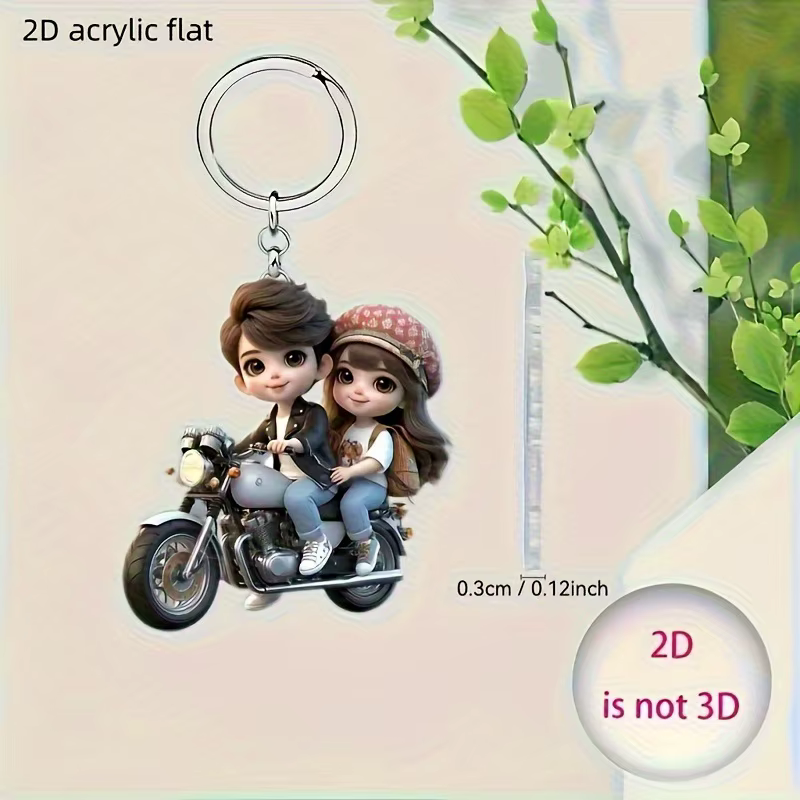 Porte-clés en acrylique 2D plat avec couple mignon à moto, pendentif pour sac à dos, décoration de sac à dos, porte-clés de voiture, cadeau créatif pour couple