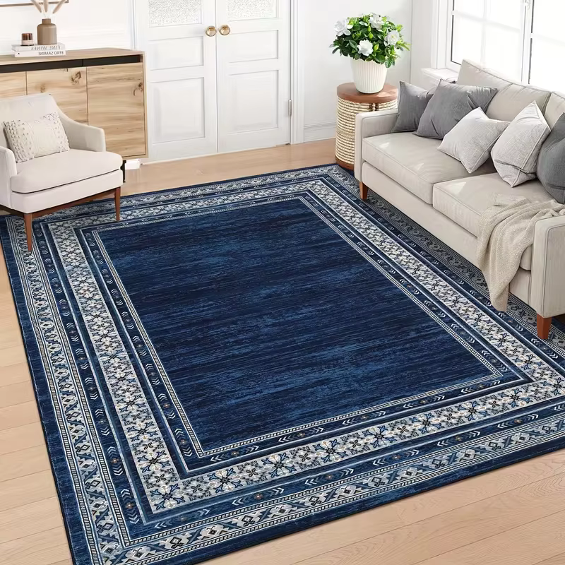 Tapis bleu marine moderne à motif géométrique pour salon et chambre à coucher, antidérapant, résistant aux taches, pliable, tapis d'appoint
