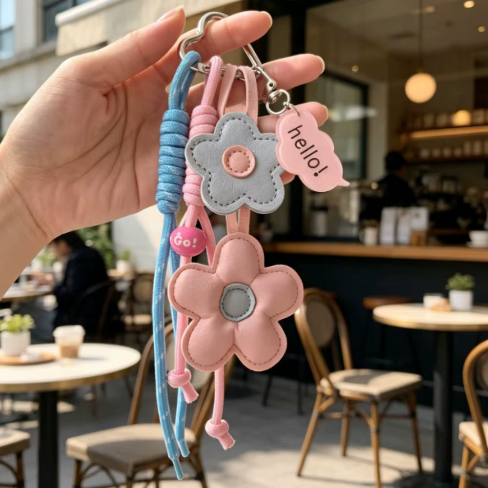 Porte-clés en cuir avec fleurs roses et bleues, cordon tressé et pendentif en acrylique, accessoire mignon pastel pour sacs et clés féminins