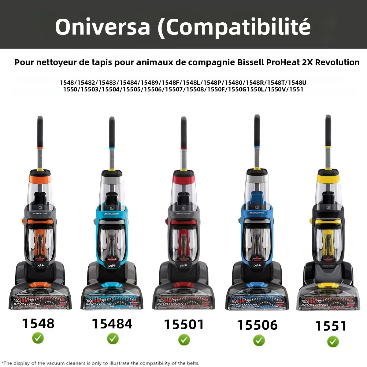 Jeu de courroies de remplacement pour nettoyeur de tapis pour animaux de compagnie Bissell ProHeat 2X Revolution, série 1548,1551,1551W,1550
