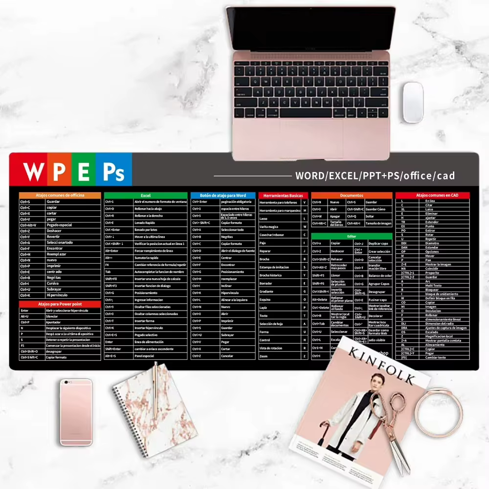 Tapis de souris grand format avec raccourcis clavier espagnols pour Word, PPT, CAD, Photoshop, Excel – Idéal pour les utilisateurs de bureau