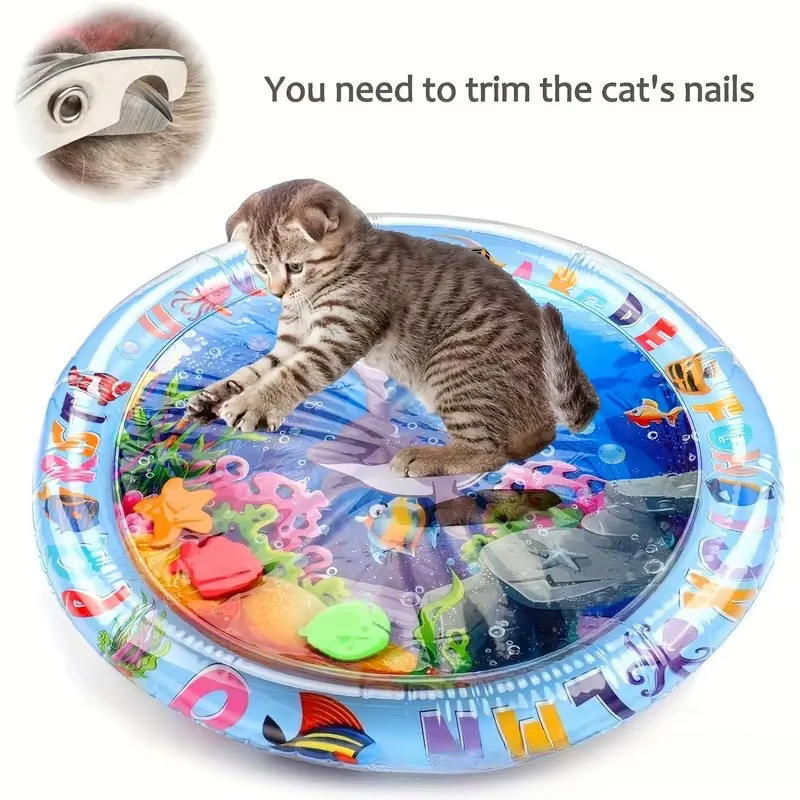 Tapis d'eau sensoriel pour chat, tapis de jeu aquatique pour chat en PVC, tapis d'éveil interactif pour chat avec poissons océaniques, jouet interactif pour chat