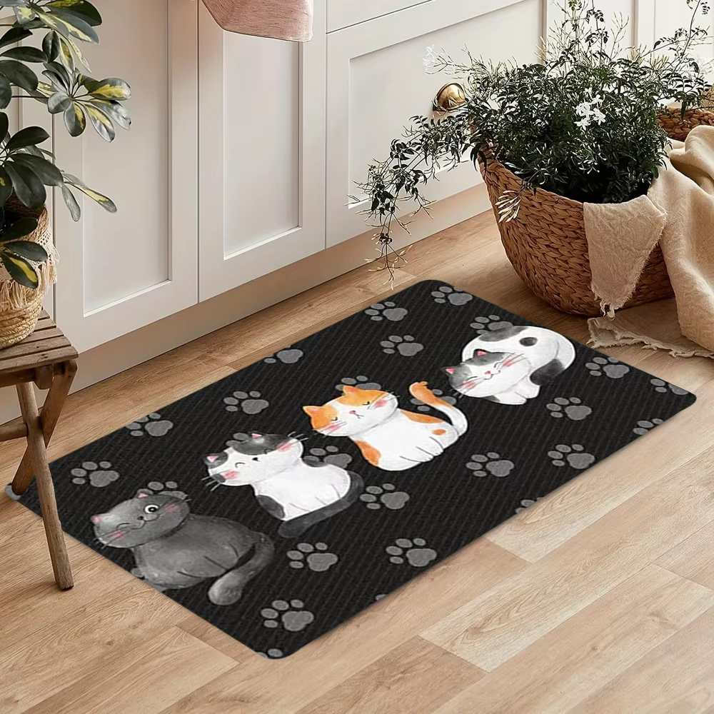Tapis Adorable Chat de Dessin Animé, Décoration d'Intérieur Mignonne et Charmante avec Tons Noirs pour Salon et Chambre à Coucher