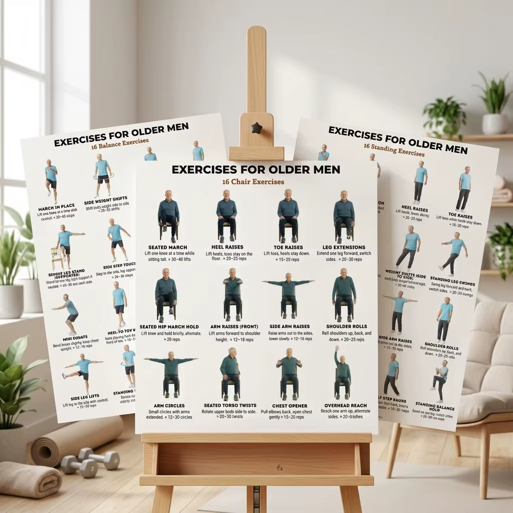 Lot de 3 affiches d'exercices et guide d'entraînement pour chaise d'équilibre, pour hommes âgés, améliorant la force et l'équilibre du bas du corps, usage domestique en intérieur