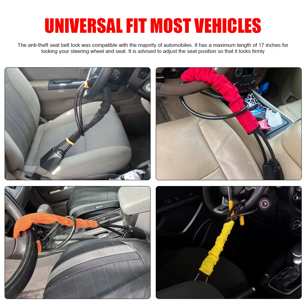 Verrouillage du volant de voiture avec prise de ceinture de sécurité, corde en acier pour camion SUV Van RV avec 3 clés, dispositif de Protection antivol universel