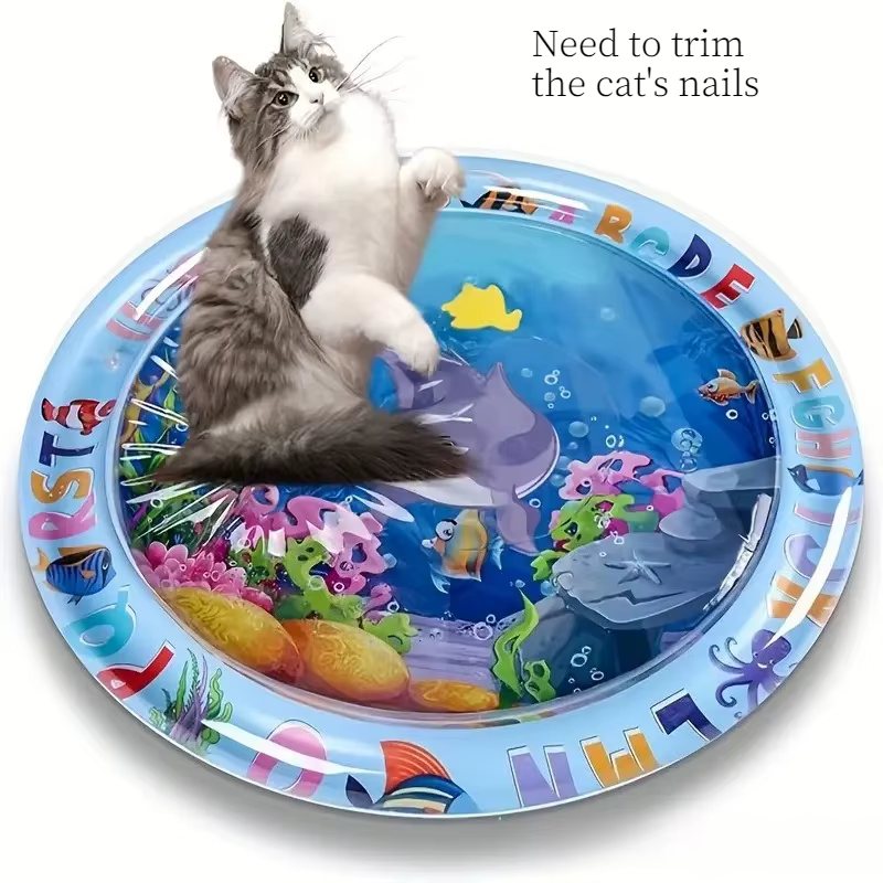 Tapis d'eau sensoriel pour chat, tapis de jeu aquatique pour chat en PVC, tapis d'éveil interactif pour chat avec poissons océaniques, jouet interactif pour chat