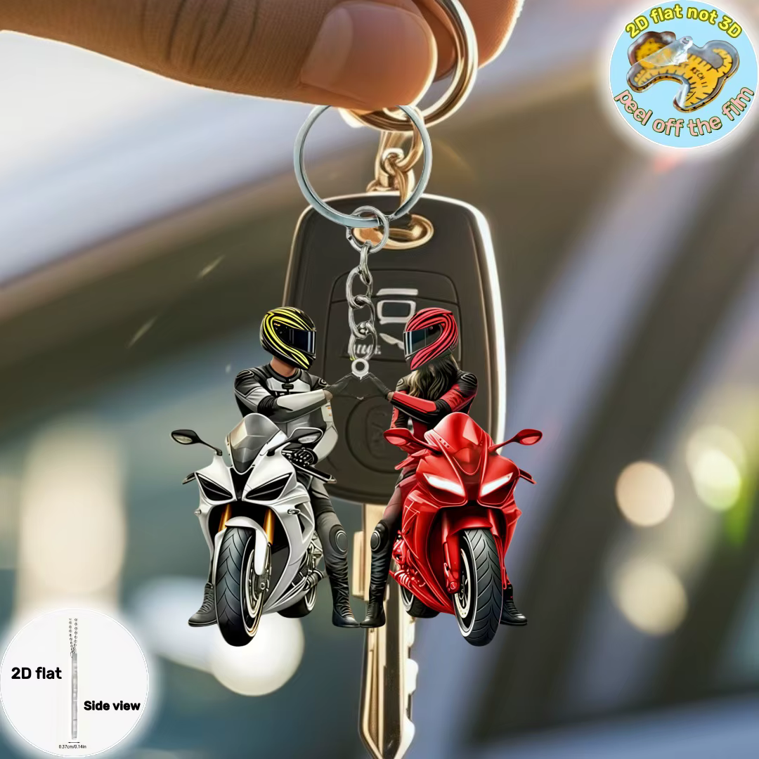 Porte-clés 2D cool pour couple, pendentif en acrylique pour passionnés de moto, accessoire décoratif plat à suspendre pour voiture, sac à dos, cadeau d'anniversaire