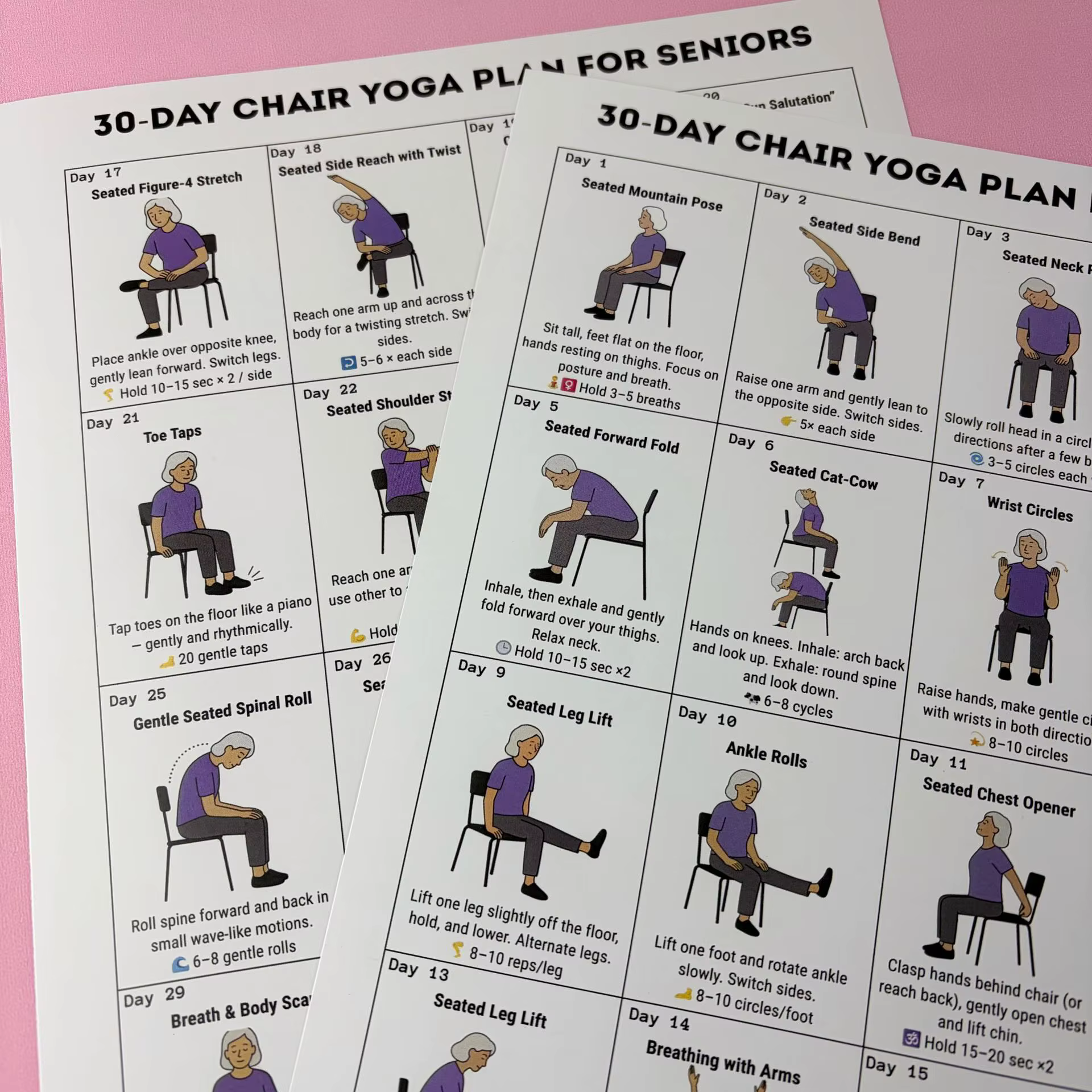 Affiche de plan d'entraînement de yoga en position assise sur 30 jours pour les seniors