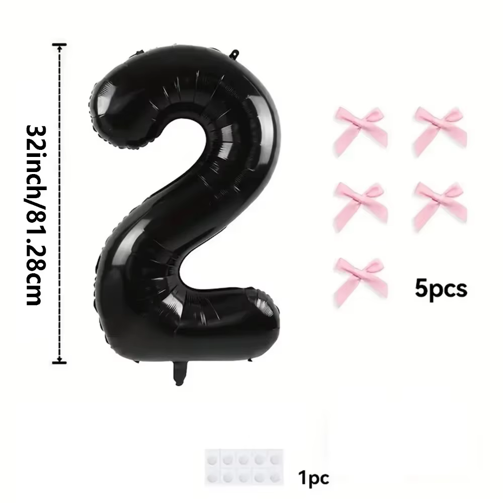 Ballon chiffre noir de 32 pouces avec nœuds roses, grand ballon en aluminium, ruban satiné, ballon décoratif, fournitures de fête