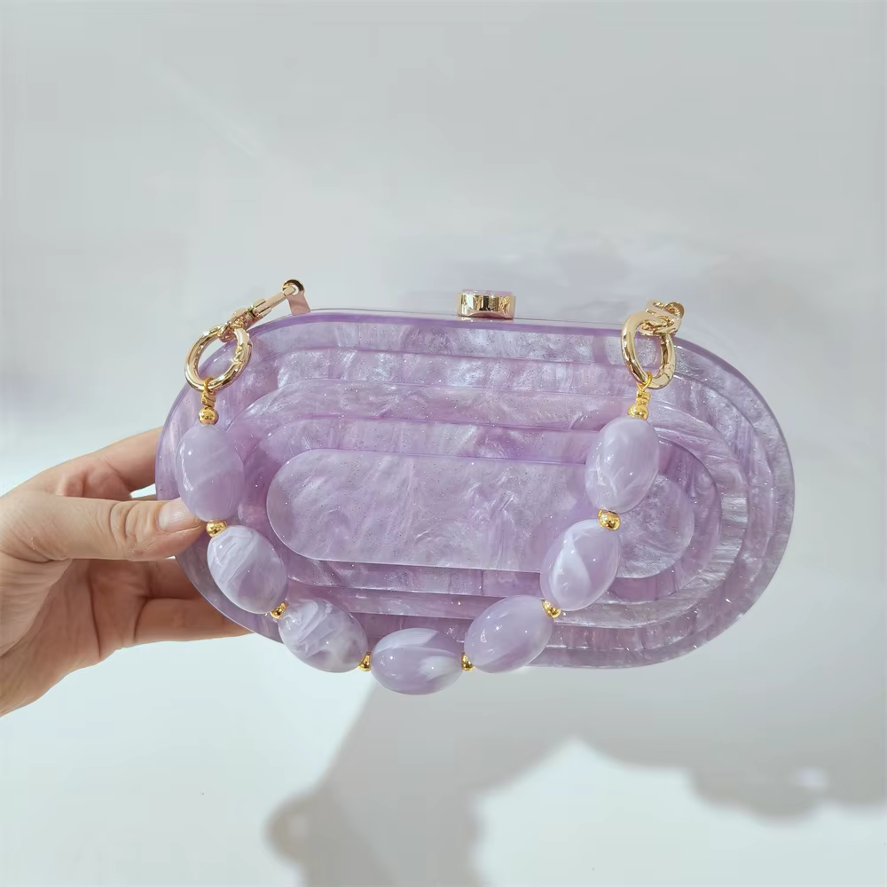 Violet petit paillettes fait à la main Pro Cocktail semi-cercle acrylique Streamer couches sac à main sac à main célébrité fête soirée sac de plage