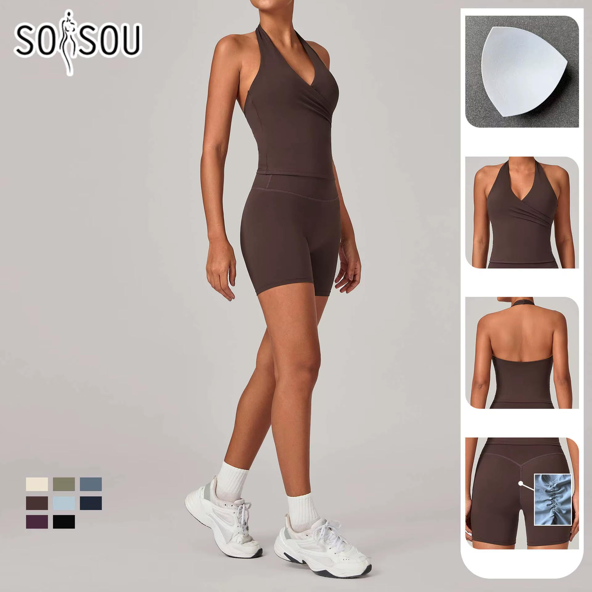 SOISOU Nylon doux femme vêtements 2 pièces ensemble de Yoga licou cou soutien-gorge Sport Shorts femmes survêtement