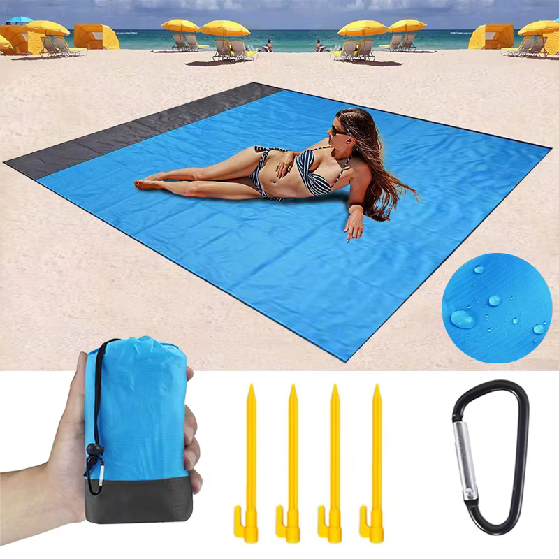 Grande Serviette de Plage en Polymères Anti Sable, Couverture de Poche, Pique-Nique, 4 Injecteurs, 200x210cm