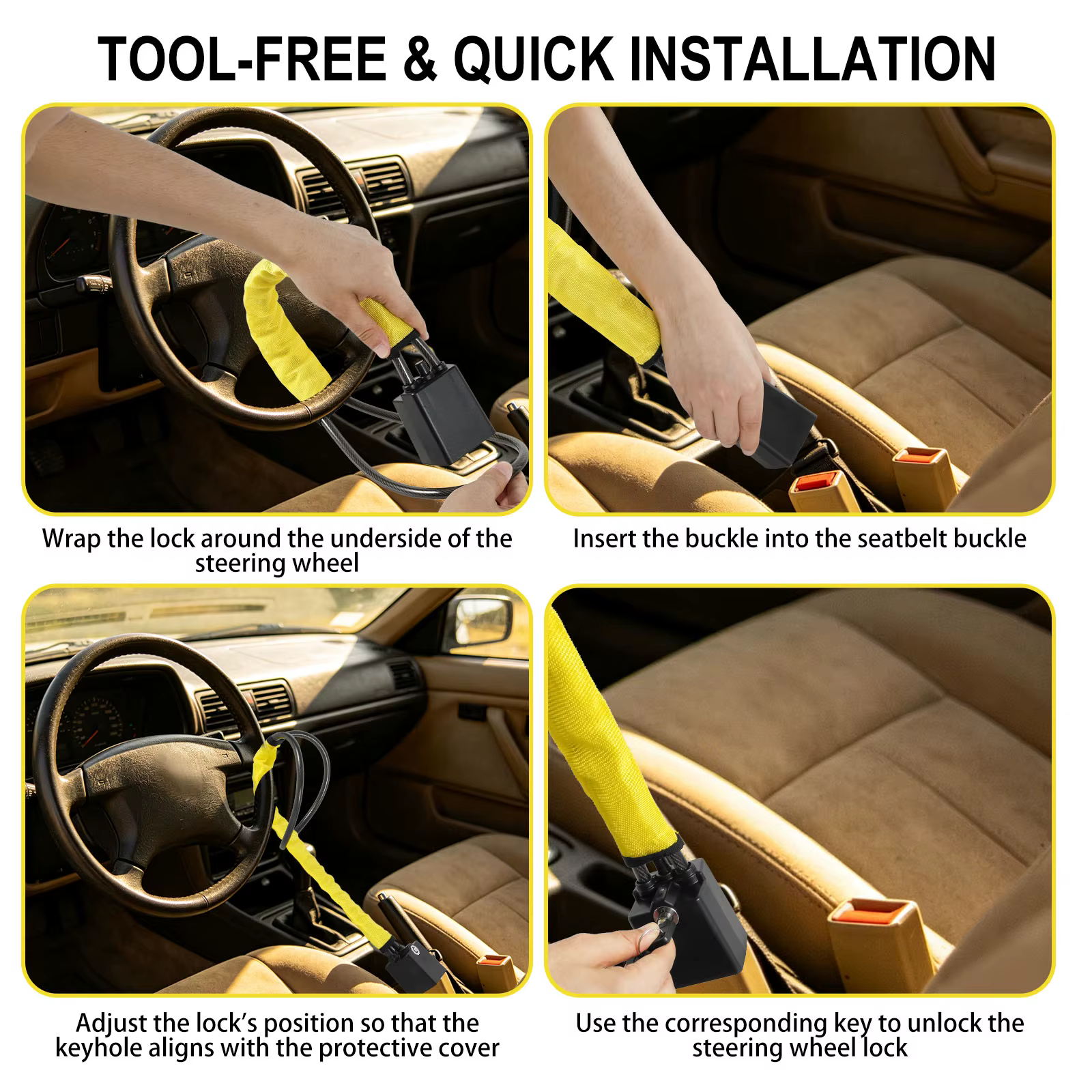 Verrou de volant de voiture avec prise de ceinture de sécurité, corde en acier pour camion, SUV, fourgonnette, camping-car, avec 2 clés, dispositif de protection antivol universel
