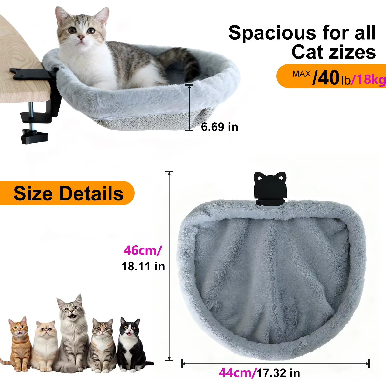 Lit de bureau pour chat, pliable en un clic, Design coulant, peu encombrant, Semi-circulaire, hamac, perche pour la maison, le bureau et les chats d'intérieur