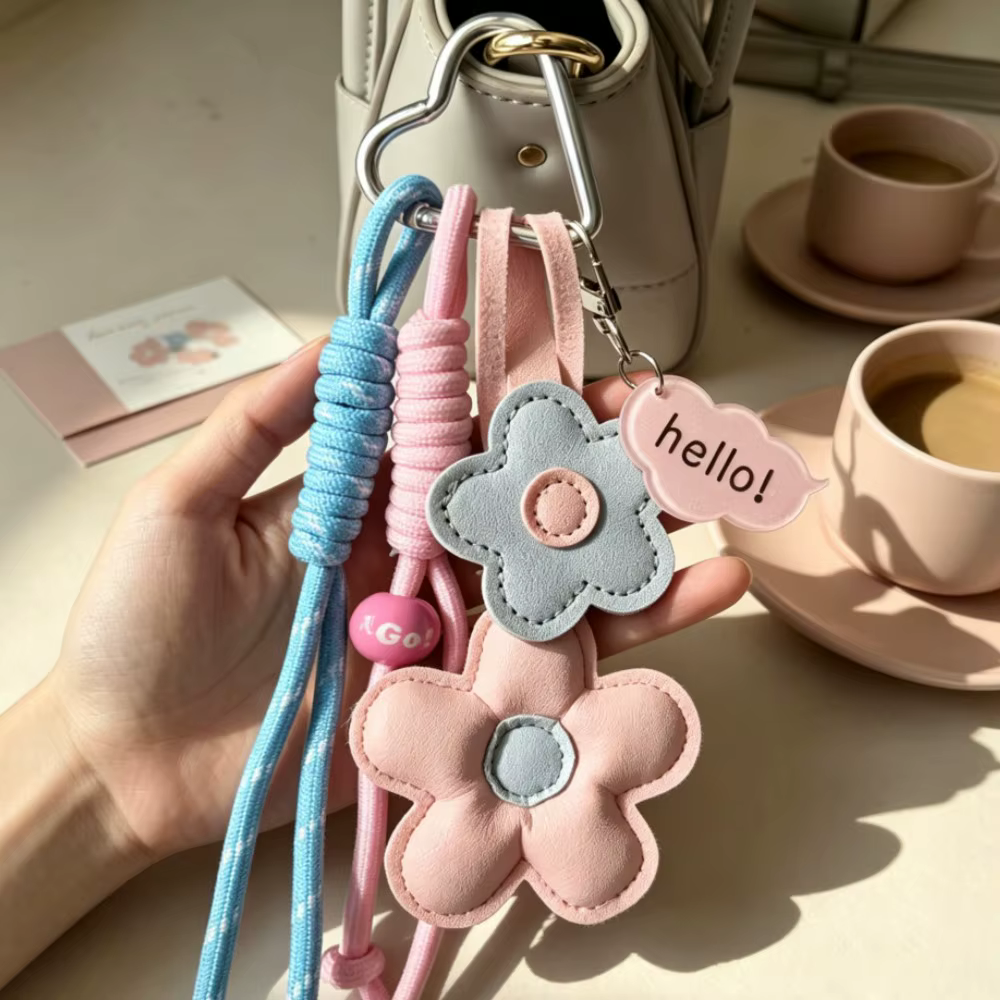 Porte-clés en cuir avec fleurs roses et bleues, cordon tressé et pendentif en acrylique, accessoire mignon pastel pour sacs et clés féminins