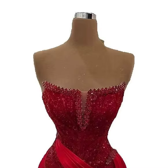 Robe de soirée sirène rouge élégante, ornée de perles brillantes, sans manches, robes formelles pour femmes, robe de soirée sur tapis rouge, Vestidos de Gala personnalisés