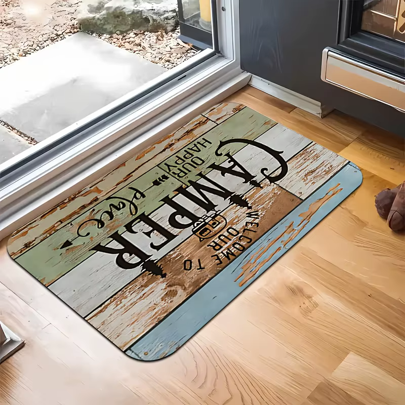 Paillasson de bienvenue pour camping-car, 1 pièce, tapis de camping-car en flanelle robuste avec design de camping-car et d'arbres, "Bienvenue à notre