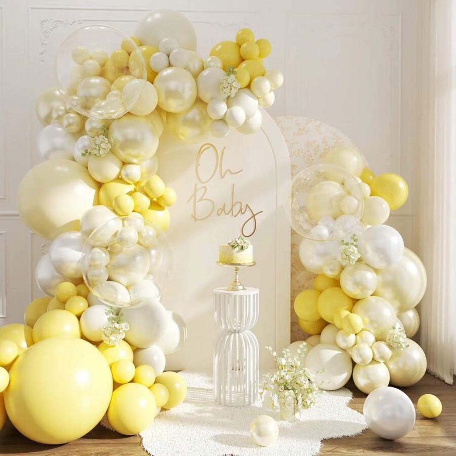 110 ballons jaunes en couleur perle jaune clair et blanc, adaptés aux fêtes d'anniversaire, aux mariages et aux décorations de fête