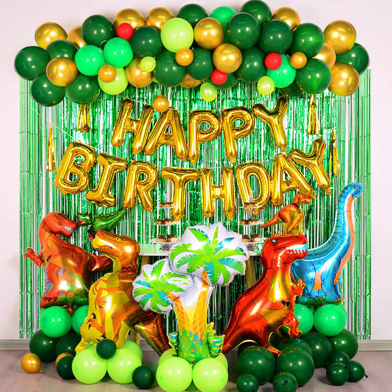 Ensemble de ballons dinosaure arc pour anniversaire d'enfants, fête à thème dino, ballons en aluminium, rideau de guirlandes, décoration de fond avec pompon