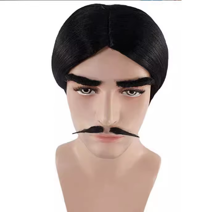Perruque de cosplay Gomez Addams du musical Broadway « La Famille Addams », ensemble perruque, barbe et sourcils pour fête et déguisement