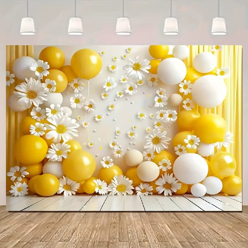 1 fond de photographie marguerite ballon jaune, adapté aux fêtes et aux salles de bain