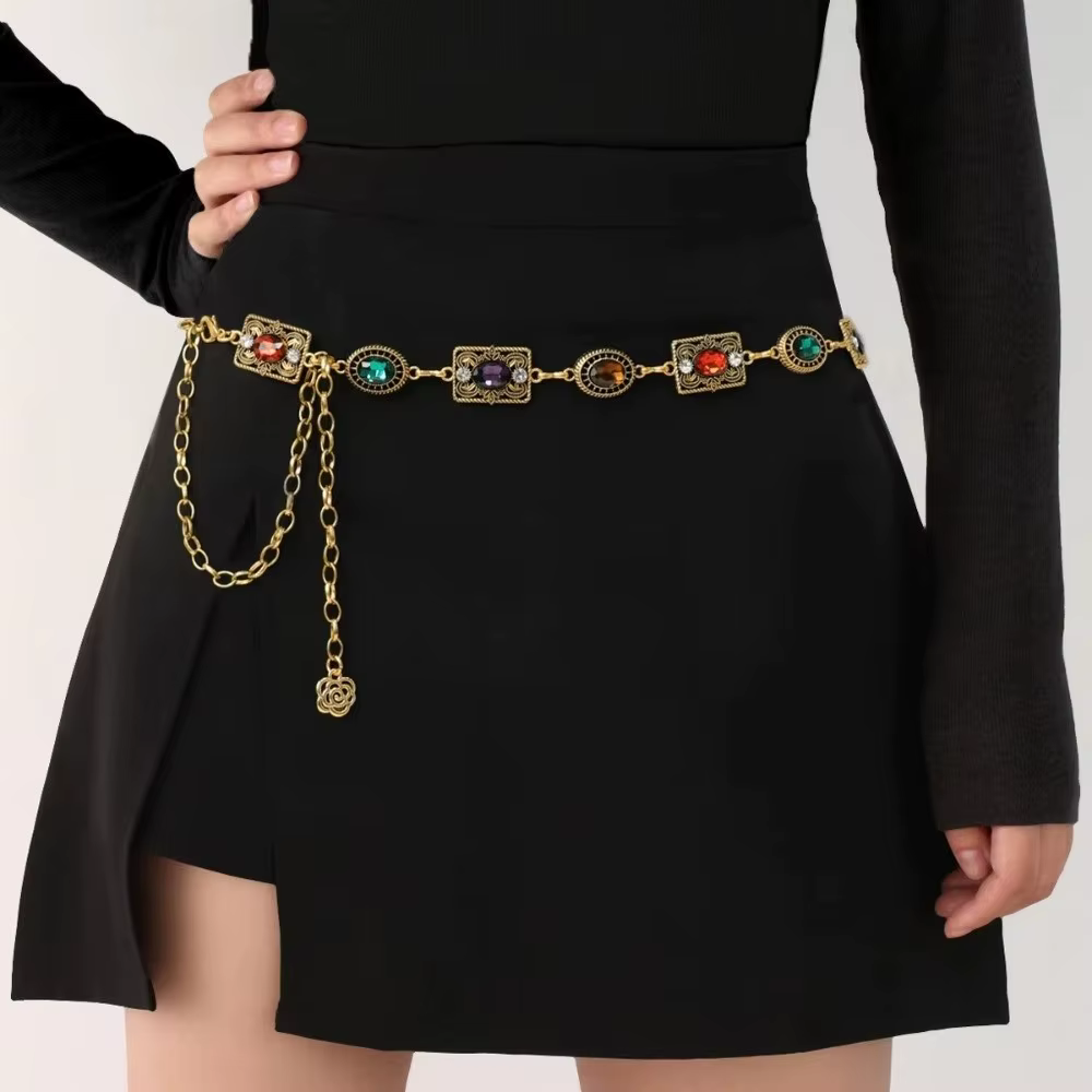 Chaîne de taille dorée et argentée, accessoire de ceinture de robe en métal avec strass ovales sculptés, pour toutes occasions