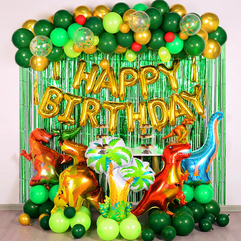 Ensemble de ballons dinosaure arc pour anniversaire d'enfants, fête à thème dino, ballons en aluminium, rideau de guirlandes, décoration de fond avec pompon