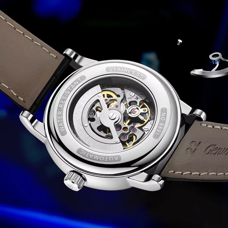 AL8891 Montre mécanique automatique squelette à cadran rond, bracelet en cuir, étanche, lumineuse, design « Life Your Wheel Helm Steering Round »