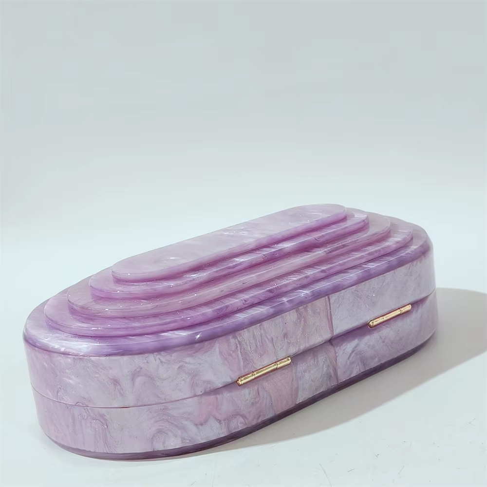 Violet petit paillettes fait à la main Pro Cocktail semi-cercle acrylique Streamer couches sac à main sac à main célébrité fête soirée sac de plage