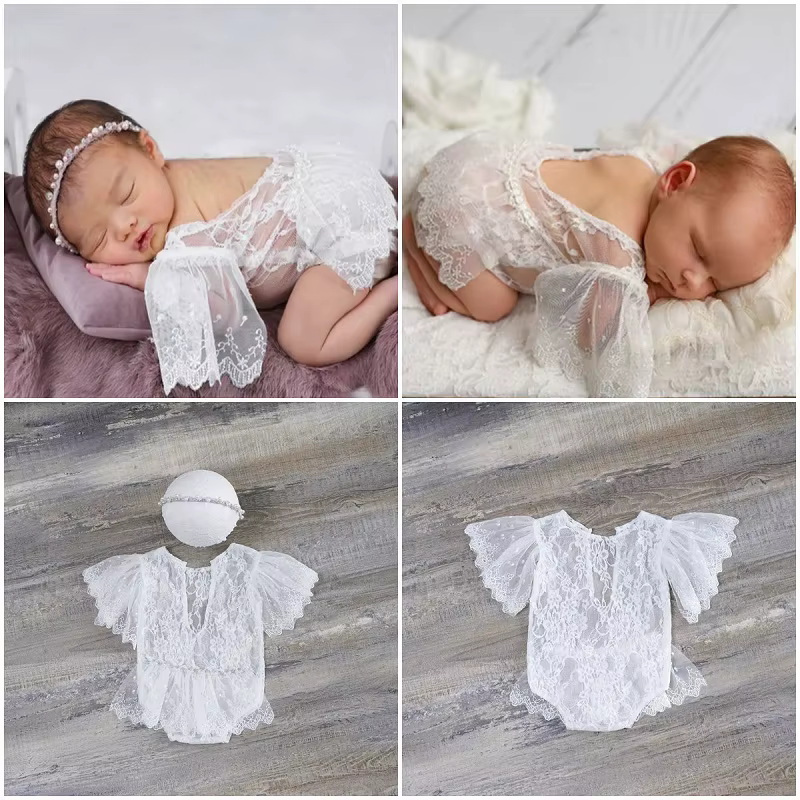 Accessoires pour bébé fille, Costume de photographie, ensemble bandeau pour nouveau-né garçon, barboteuse en dentelle, vêtements féminins, Costume Photo, tenue Ropa Bebes