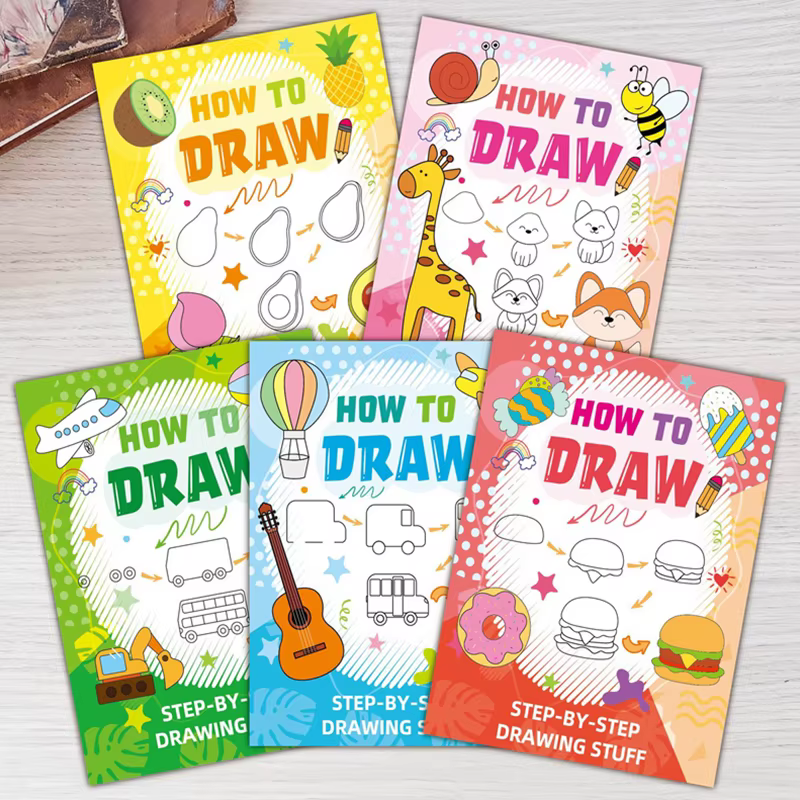 Livre de dessin amusant, guide étape par étape avec illustrations d'animaux, personnages de dessins animés mignons, livre de motifs colorés