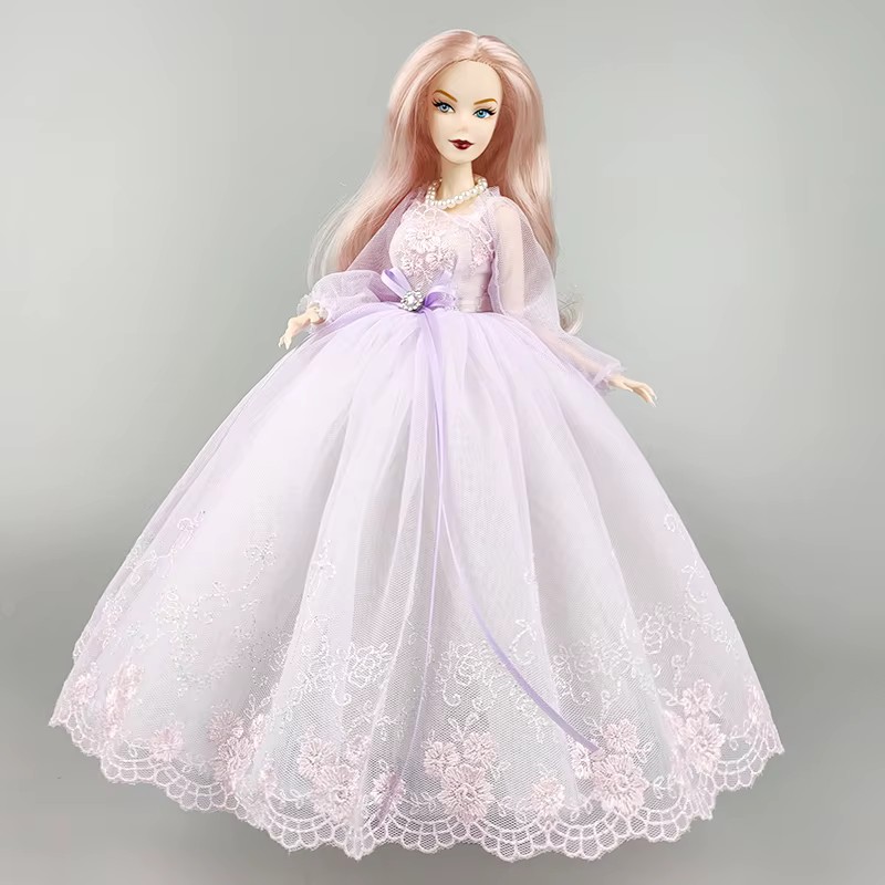 Robe de princesse violette faite à la main pour poupée Barbie, tenues pour poupées 1/6, accessoires, manches bouffantes, nœud papillon, robe de soirée, jouets