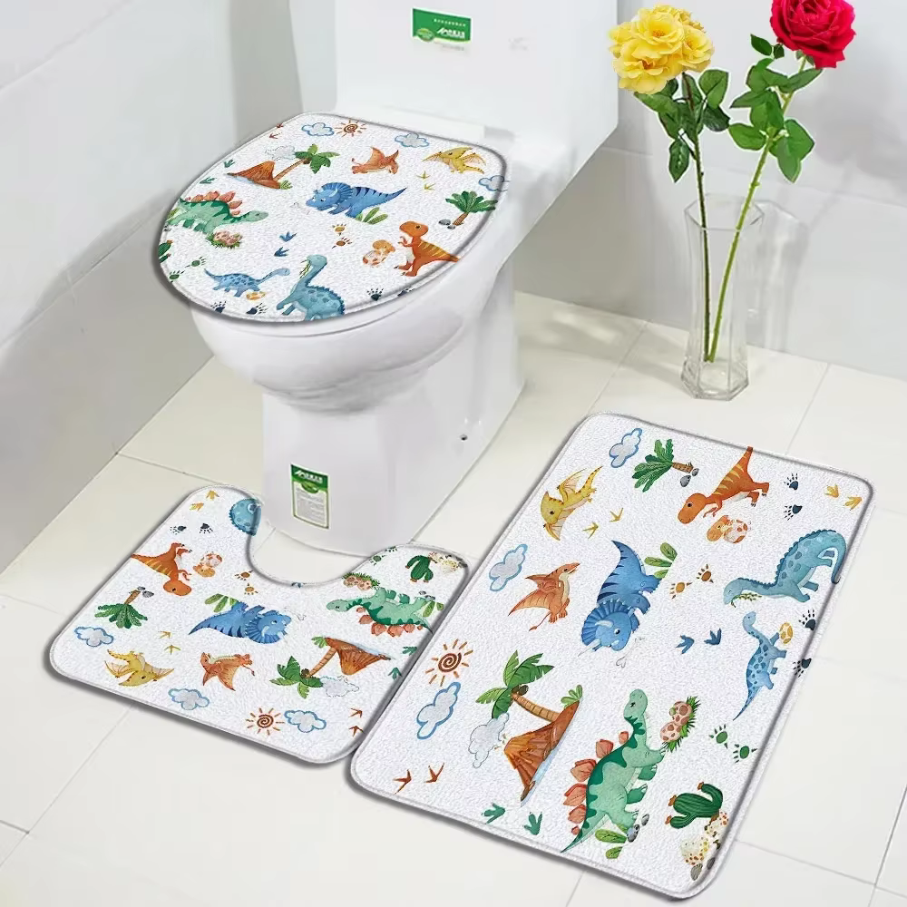 Ensemble de polymères de bain de dinosaure de dessin animé, animaux amusants, plante tropicale, AMP, arbre quantique, tapis pour enfants, décor à la maison, couverture de sol de toilette