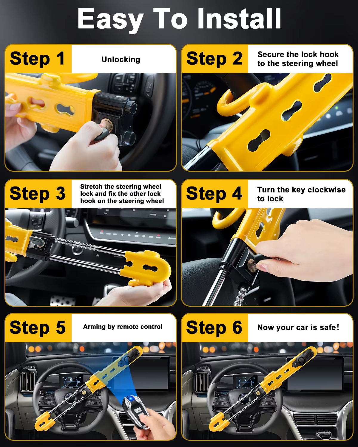 Verrou antivol à Double crochet, verrouillage de volant de voiture avec alarme, verrouillage de volant robuste pour fourgon de voiture