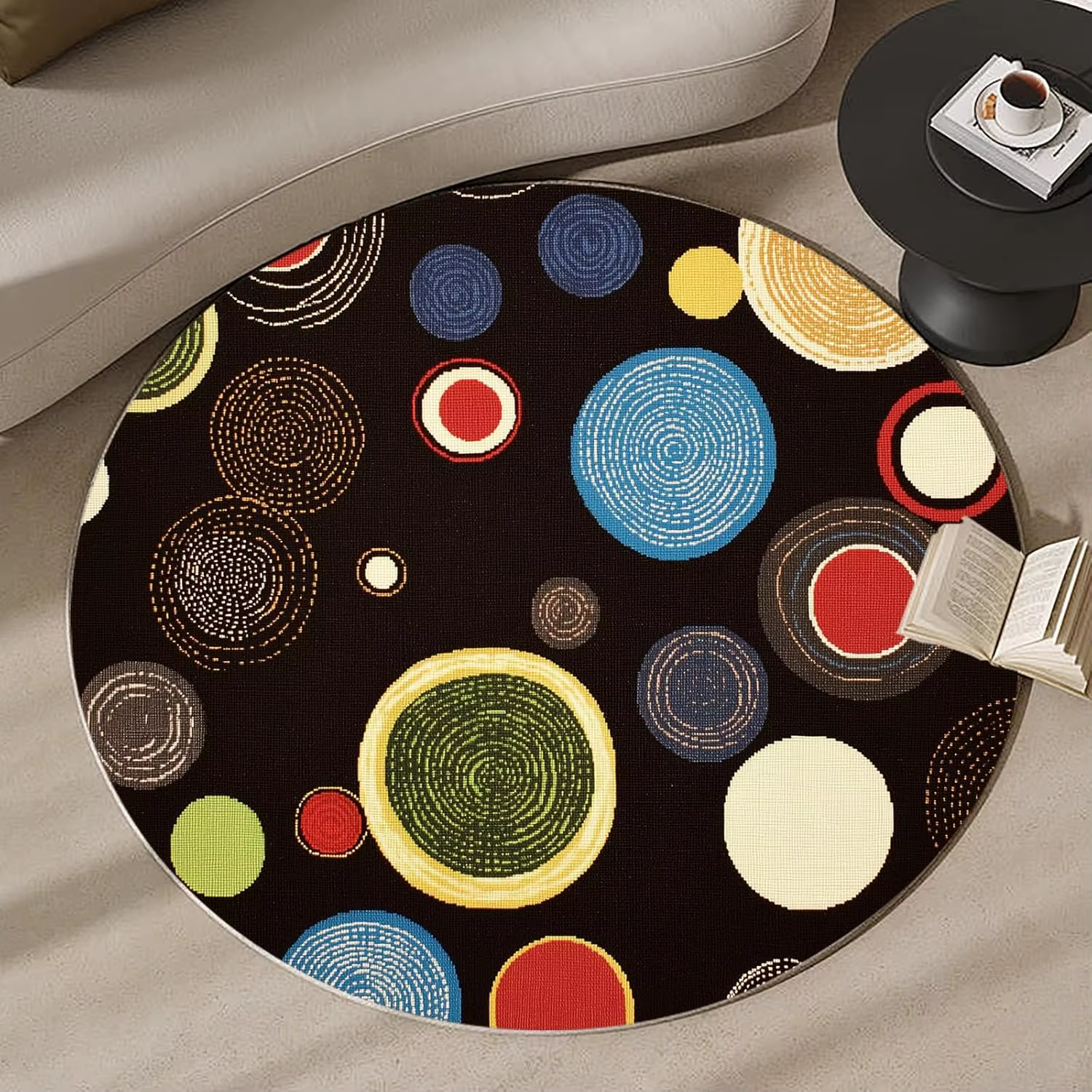 Tapis Rond Rétro Mid-Century, Motif Géométrique Abstrait, Marron, Teal, Orange, Blocs de Couleurs, Art Décoratif pour Salon, Coussin de Sol pour Chaise