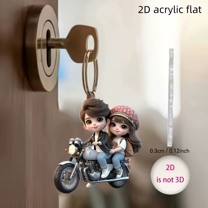 Porte-clés en acrylique 2D plat avec couple mignon à moto, pendentif pour sac à dos, décoration de sac à dos, porte-clés de voiture, cadeau créatif pour couple