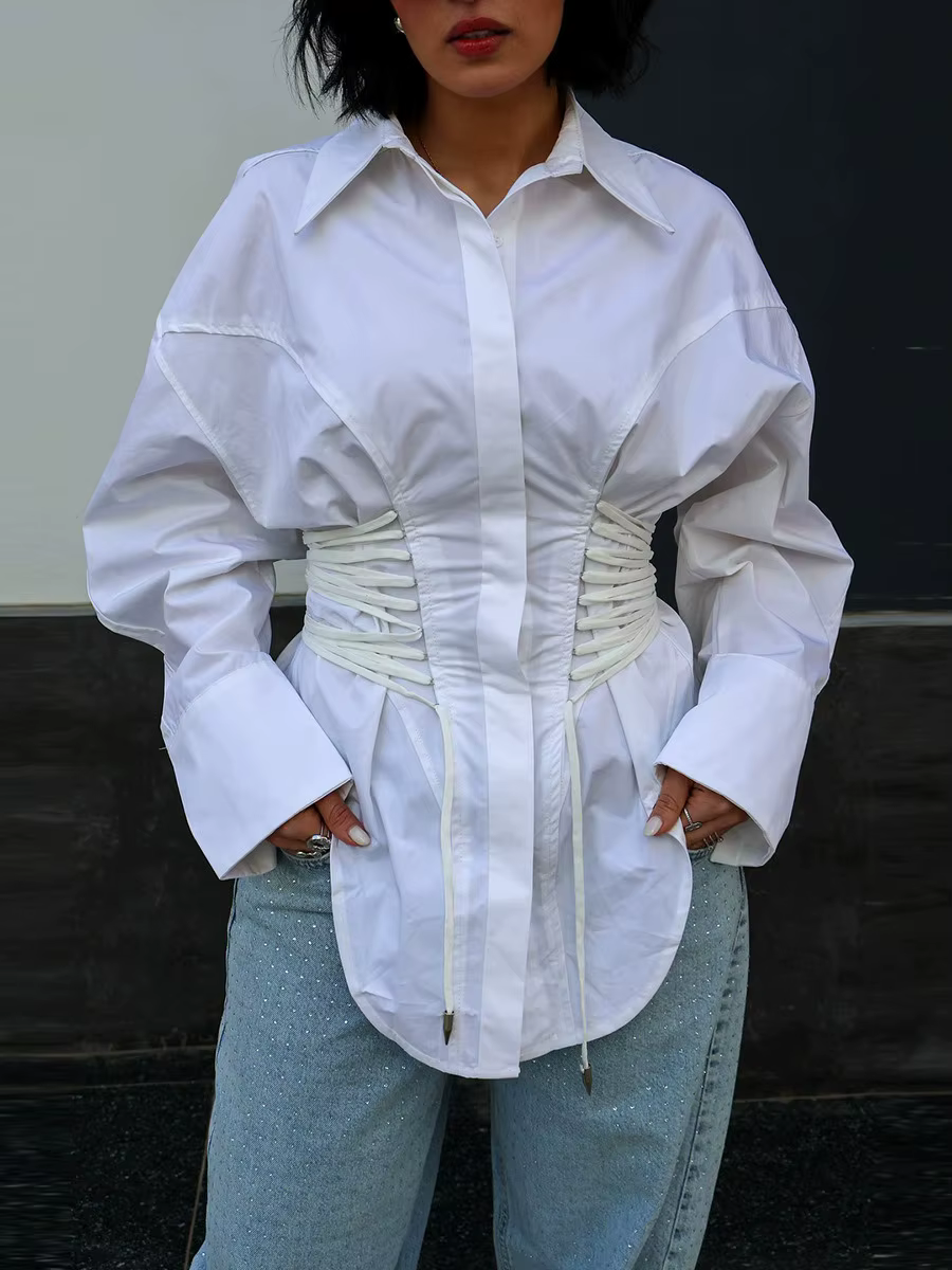Chemise blanche à bretelles de taille pour femmes, Design de Niche, couleur unie, manches longues, haut féminin, nouvelle collection automne 2025 P4SQ