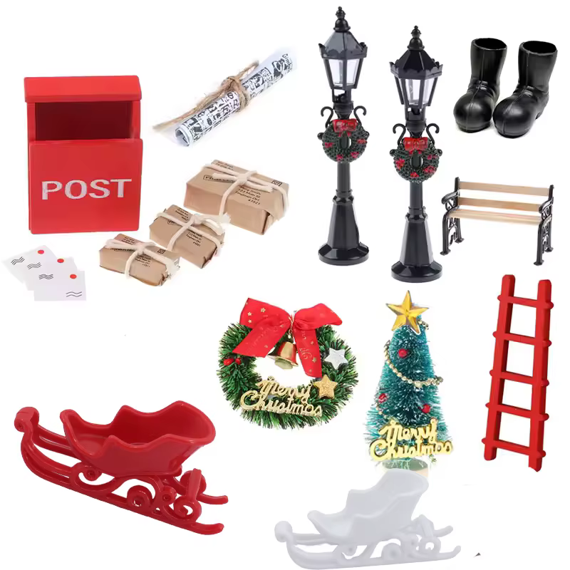 Accessoires pour maison de poupée, Mini accessoires de noël, modèle boîte-cadeau, banc, lampadaire, couronne, arbre de noël, cadeau de noël