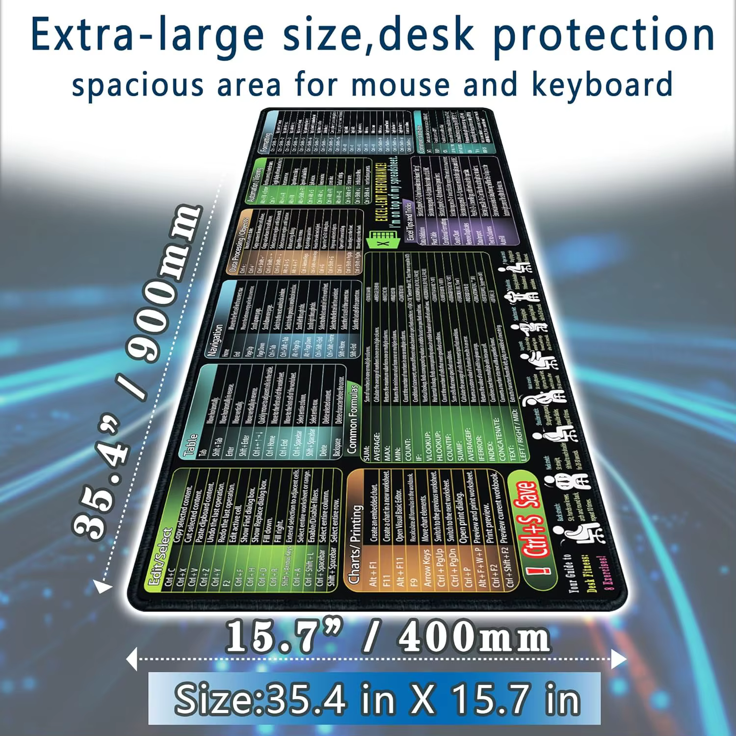 Raccourcis Clavier pour Excel Windows, Grand Tapis de Souris en Caoutchouc, Guide Raccourcis, Accessoires de Bureau Pratiques, Tapis de Bureau, Tapis pour Ordinateur Portable