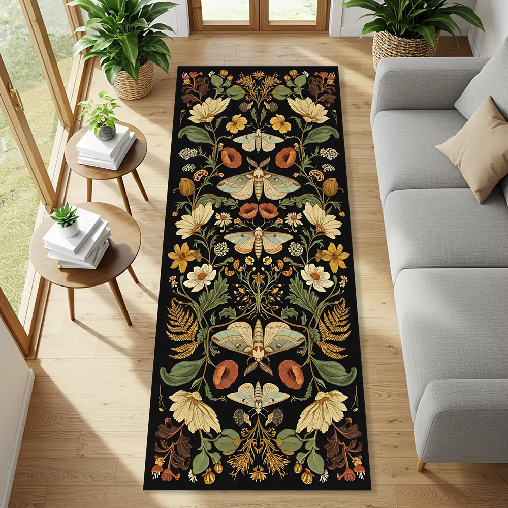 Tapis de couloir vintage à motif floral botanique style sirène, tapis décoratif rétro Art Nouveau à imprimé floral pour salon, chambre et couloir
