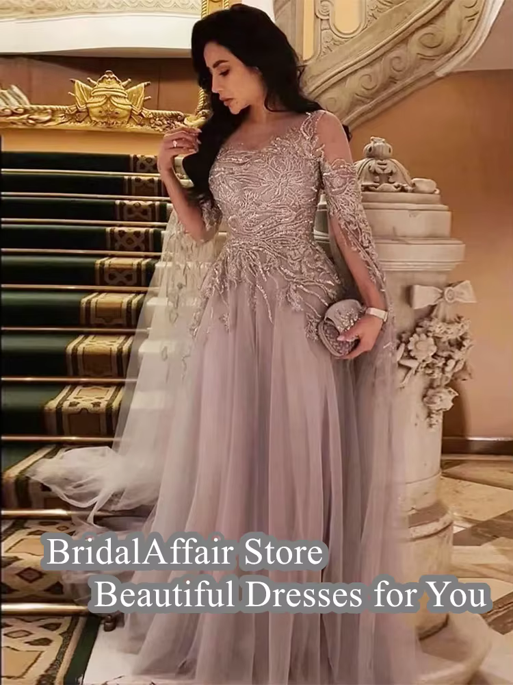 Robe de Soirée en Tulle à Manches sulfet Col Ras du Cou pour Femme, Tenue de Bal en Dentelle, avec Appliques de Tapis Rouge, Arabie Saoudite