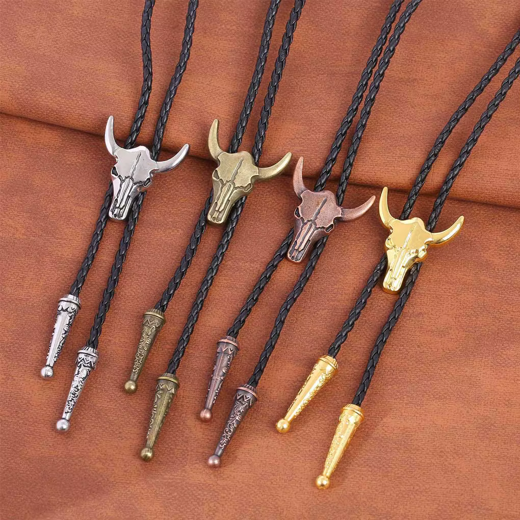 Cravates dorées pour hommes, accessoire de vêtement de Cowboy américain, cravate réglable tête de taureau, collier pendentif Bolo de Cowboy occidental