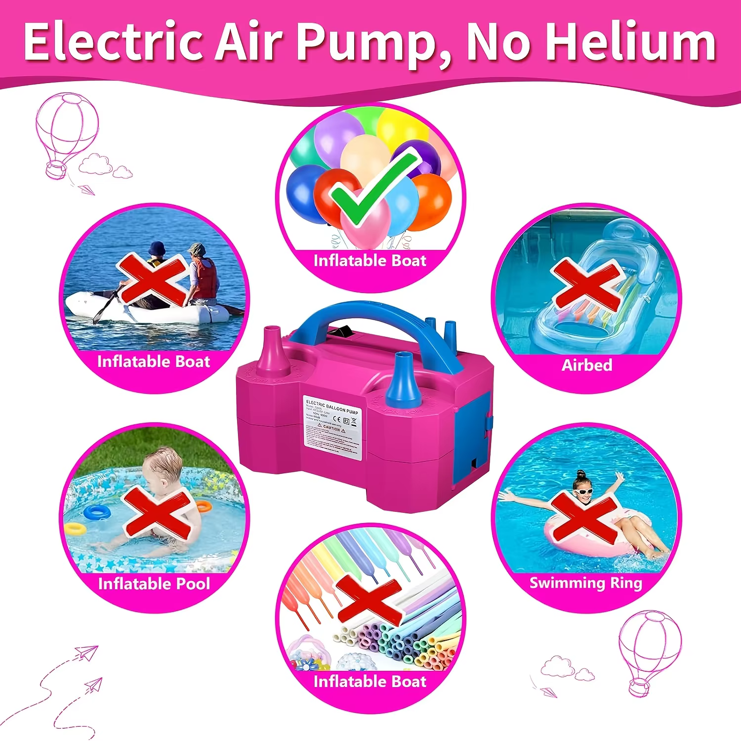 Pompe à ballons électrique, souffleur de ballons électrique portable, pompe à air pour ballons, double buse, 600W, gonfleur de ballons pour fête