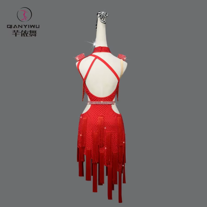 Robes de soirée rouges pour femmes, costume de danse latine élégant, compétition 2026, jupe à franges pour filles, vêtements de danse mi-longs, costume de samba pour bal fille robes soirée costume ju