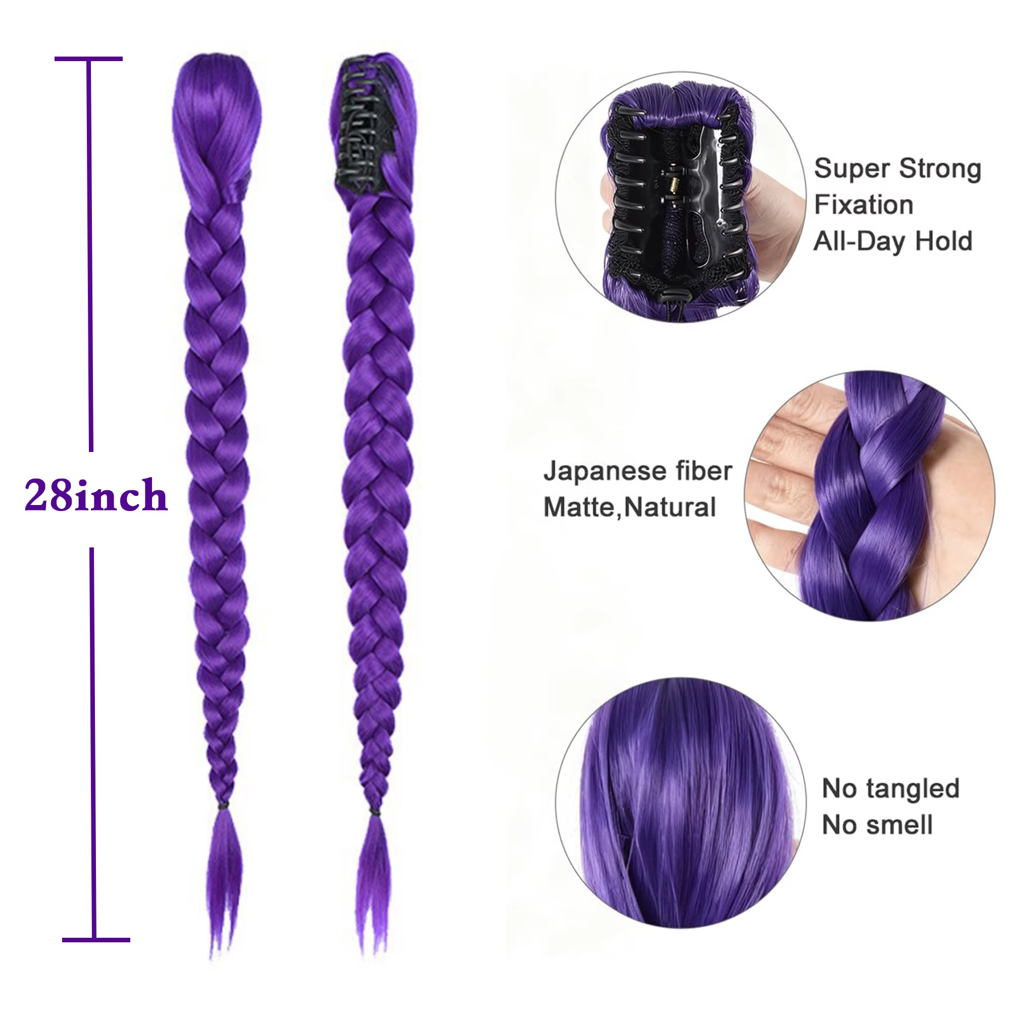 Queue de cheval tressée violette de 26 pouces à clipser, longue postiche pour cosplay, idéale pour les enfants et les filles à Halloween et Noël