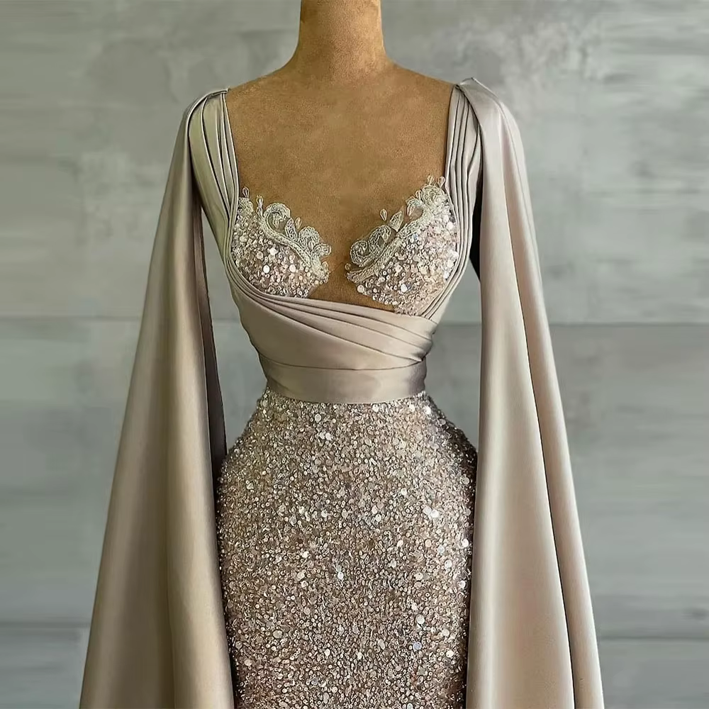 Robe de Soirée Arabe en Dentelle Froncée à Paillettes pour Femme, Tenue de Bal Formelle Personnalisée avec Tapis Rouge