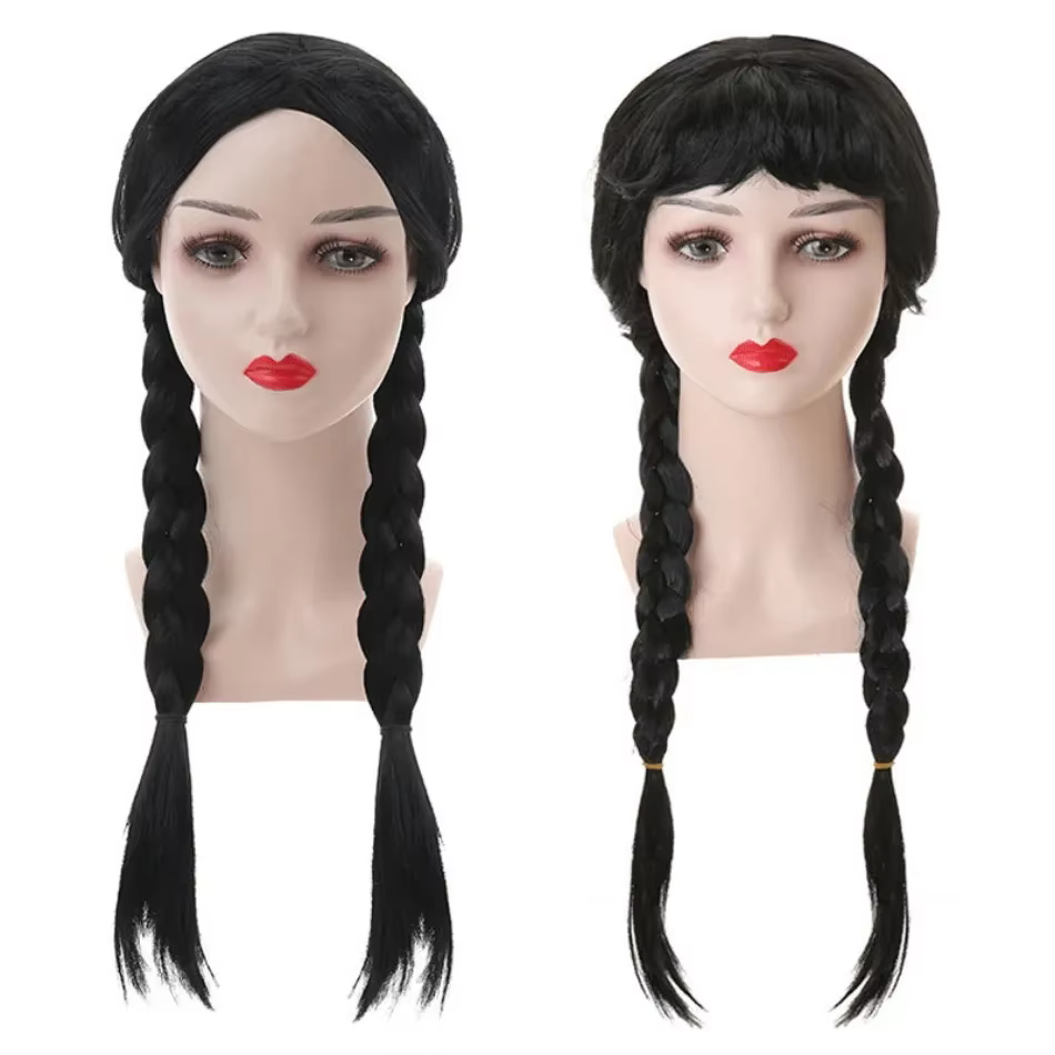 Perruque de mercredi pour enfants Halloween mercredi Addams tresses noires cheveux synthétiques accessoires de Cosplay couronne collier coiffure costume