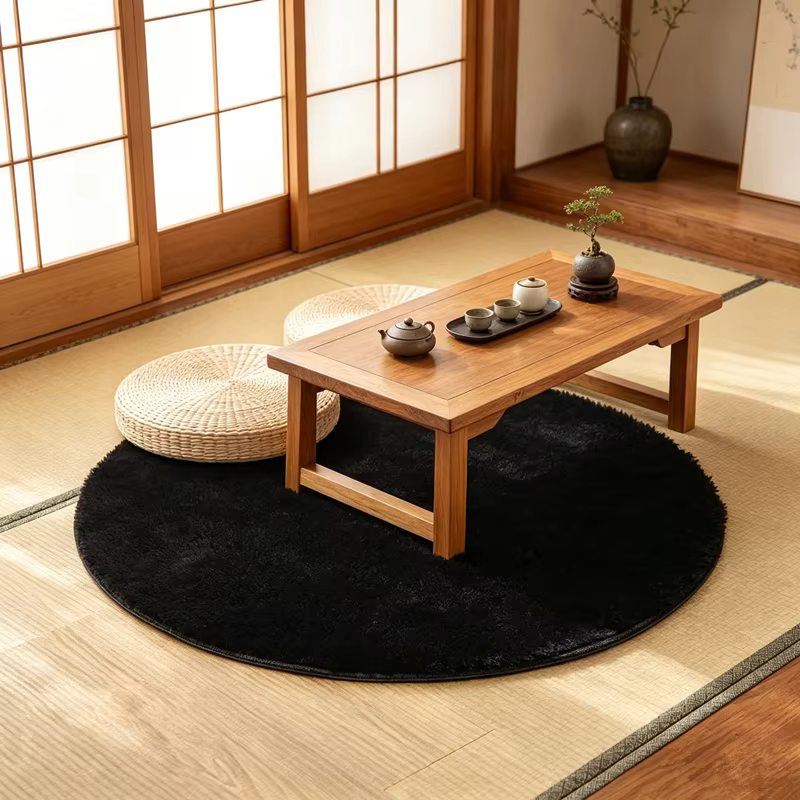 Tapis rond noir avec longue peluche