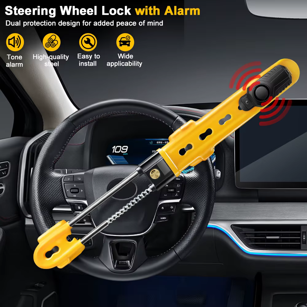 Verrou antivol à Double crochet, verrouillage de volant de voiture avec alarme, verrouillage de volant robuste pour fourgon de voiture
